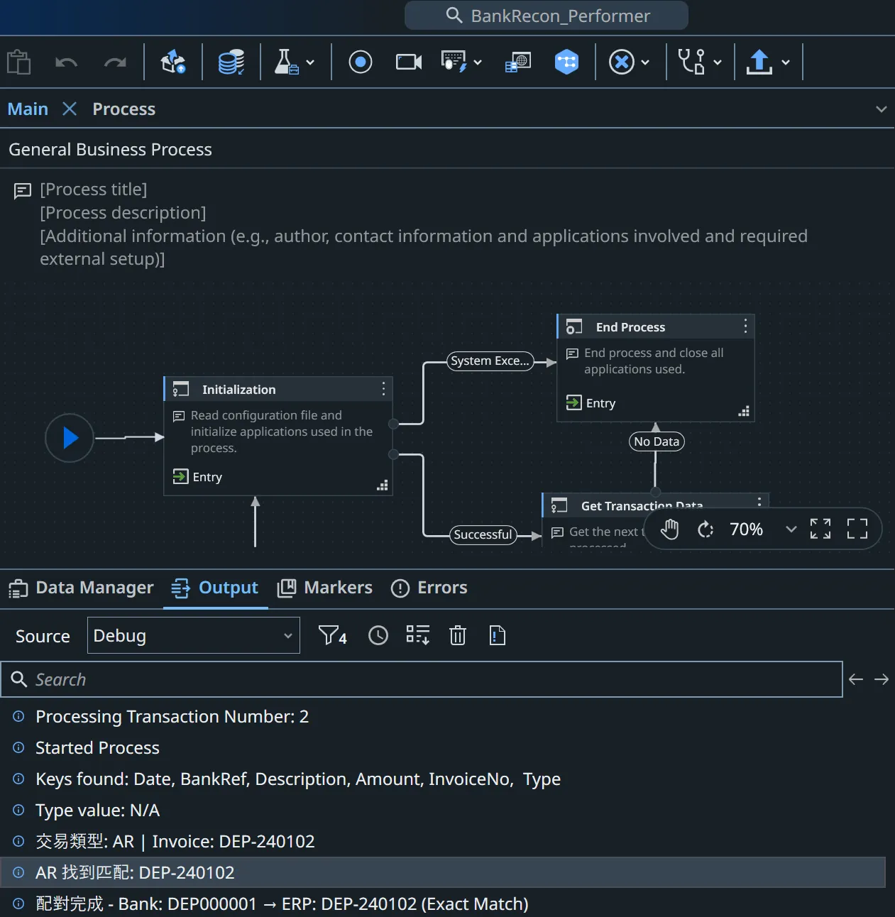 The 'BankRecon_Performer' workflow running within the REFramework state machine.