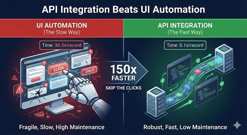 Hero image for Skip the Clicks: Why API Integration Beats UI Automation Every Time