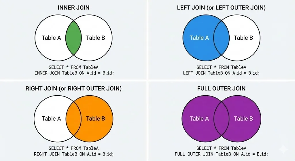 SQL JOIN types visualized as Venn Diagrams